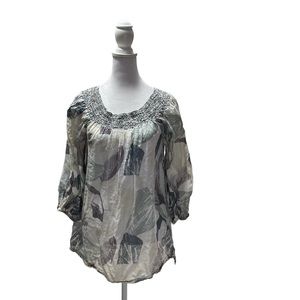 Please Tan Purple Blue Green Lightweight 3/4 Sleeve Drawstring Bottom Medium